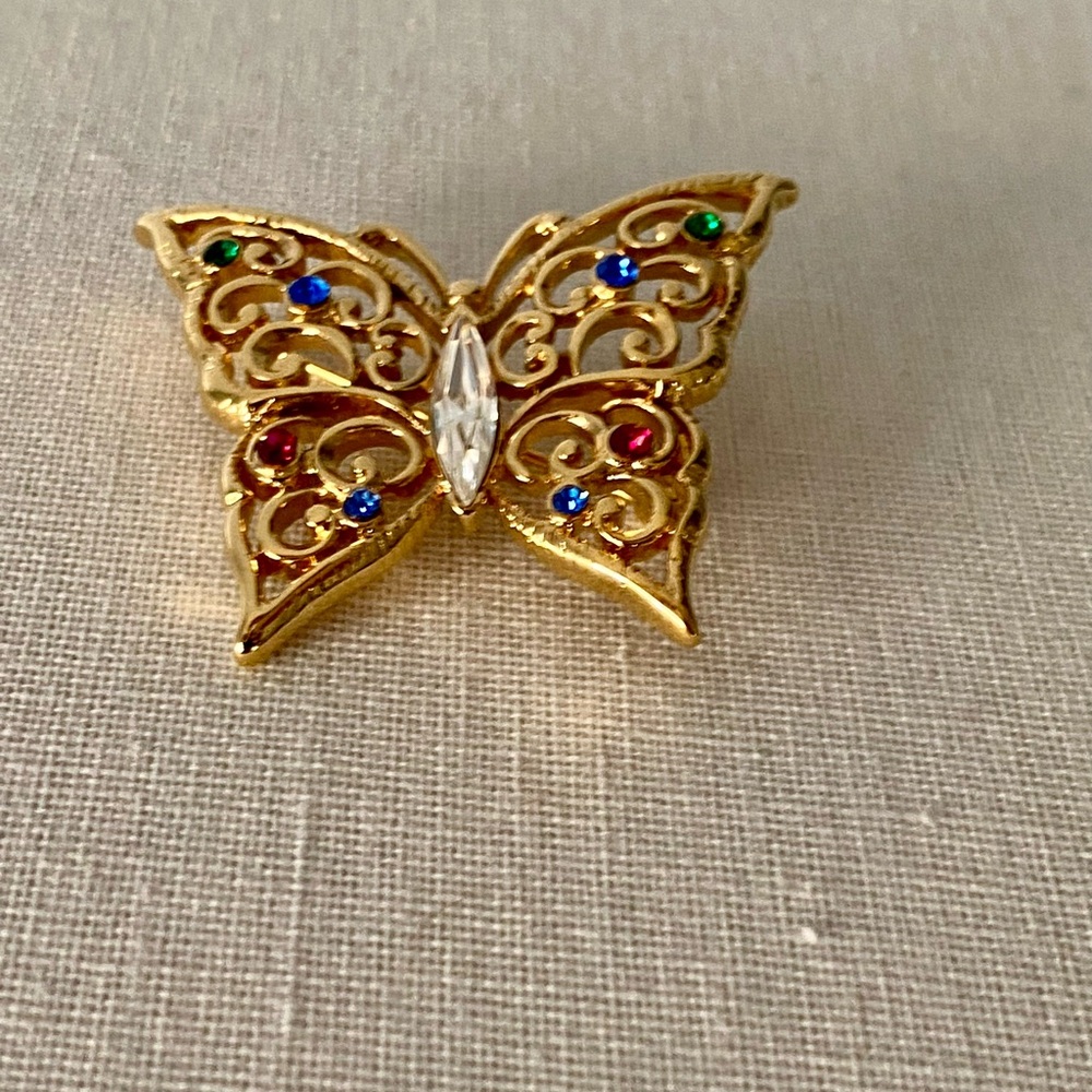 Gold Butterfly Brooch with Multicolor Accents